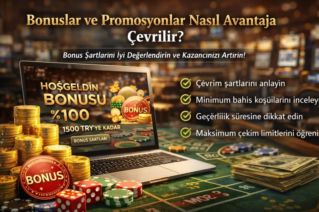 Casino ortamında bir oyuncunun akıllı telefon ekranında “%100 Bonus” kampanyasını incelediği, “Bonuslar ve Promosyonlar Nasıl Avantaja Çevrilir?” konulu makaleyi temsil eden gerçekçi ve yatay görsel